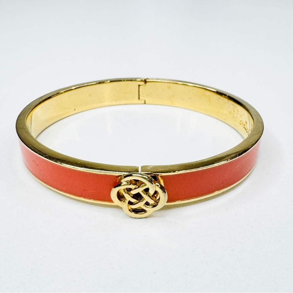 Stella & Dot Lindsey Orange Enamel Infinity Knot Gold Tone Bangle Bracelet